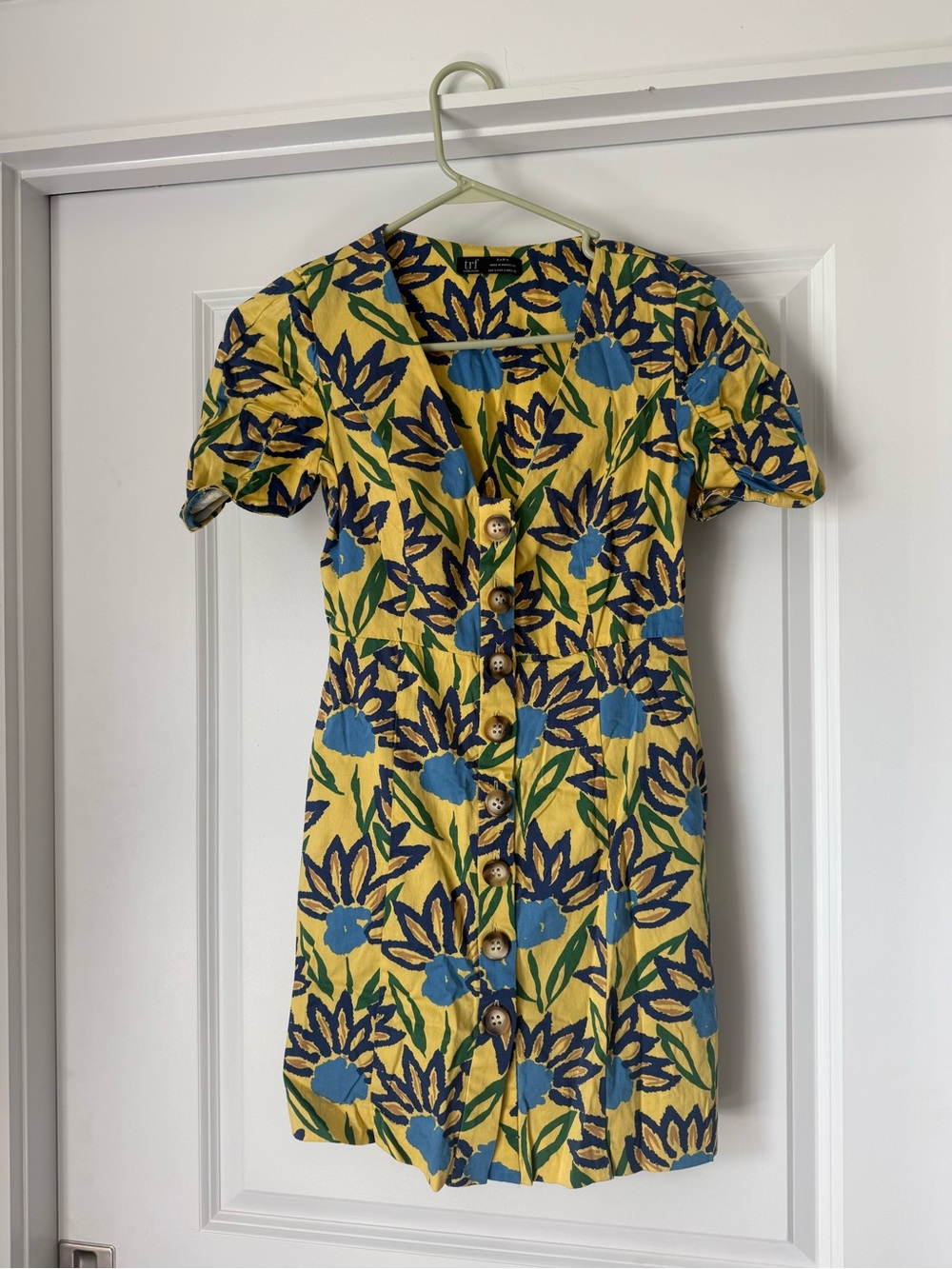 Zara TRF Cotton Yellow Blue Floral Button Front Mini Dress Puff Sleeve Size S
